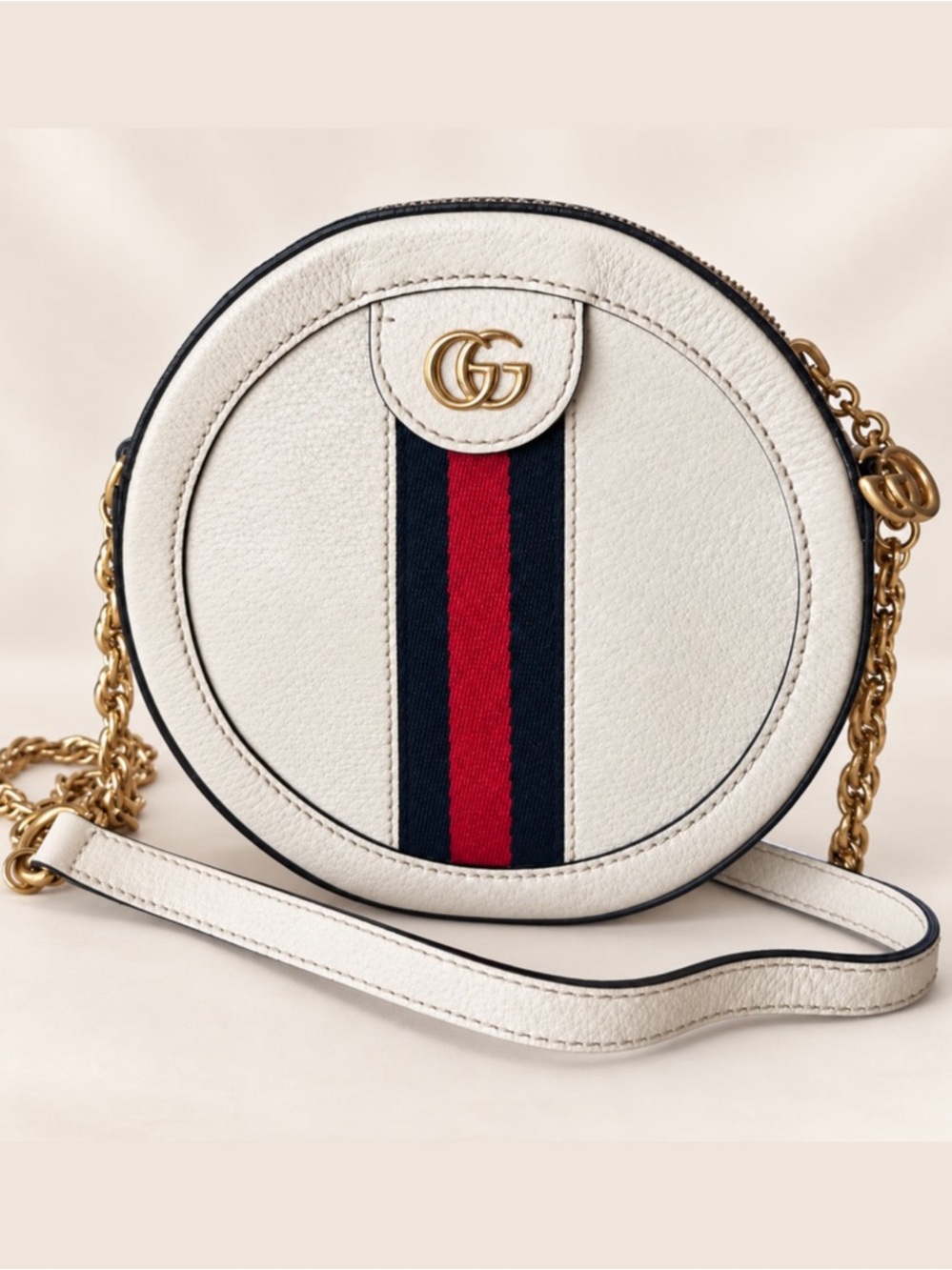 Gucci Ophidia Round Chain Crossbody Bag White Leather Web Stripe Authentic